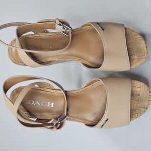 Coach Becka Tan Leather Platform Beachwood Cork Wedge Sandals Sz 7
